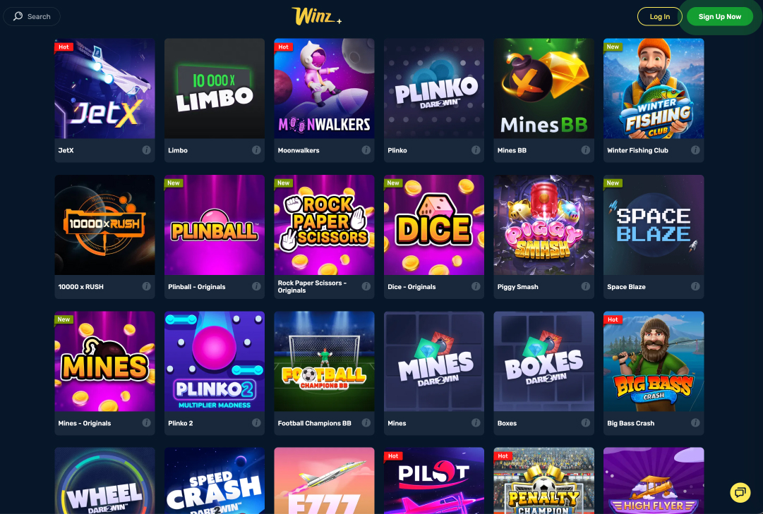 Winz.io casino Crash games selection desktop view