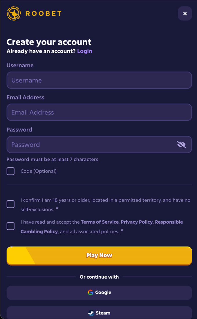 Roobet registration form on mobile