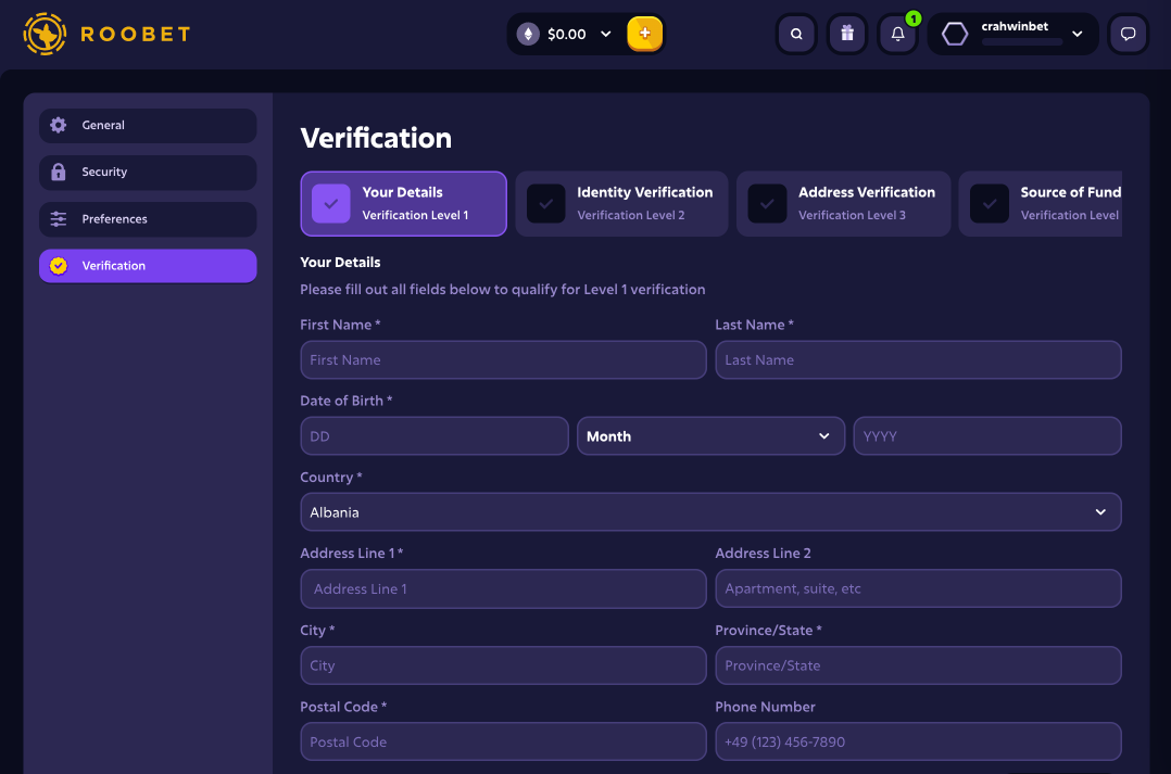 Roobet KYC verification level 1